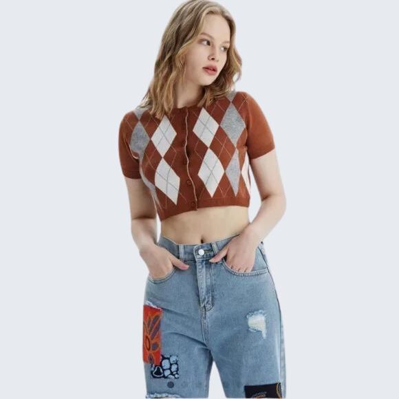 CIDER Brown Cropped Short Sleeve Cardigan Sweater Women's Size Medium - Picture 2 of 13